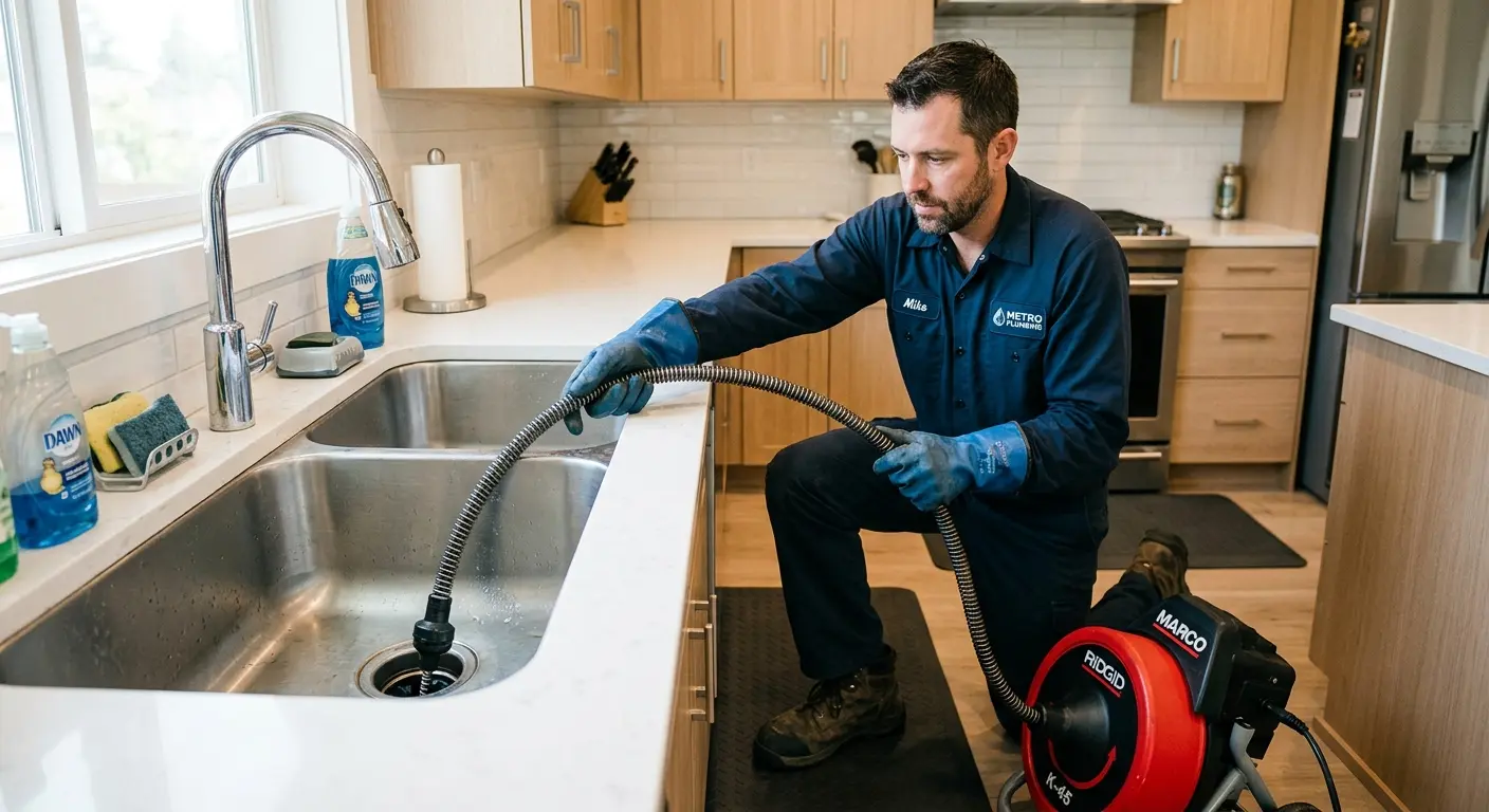 Drain cleaning technician using a motorized snake on a kitchen sink in Harvest