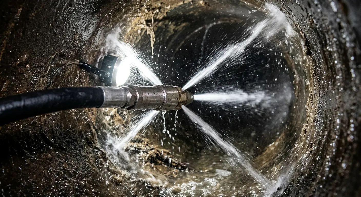 High-pressure hydro jetting nozzle cleaning sewer pipe for Emergency Drain Service in Harvest