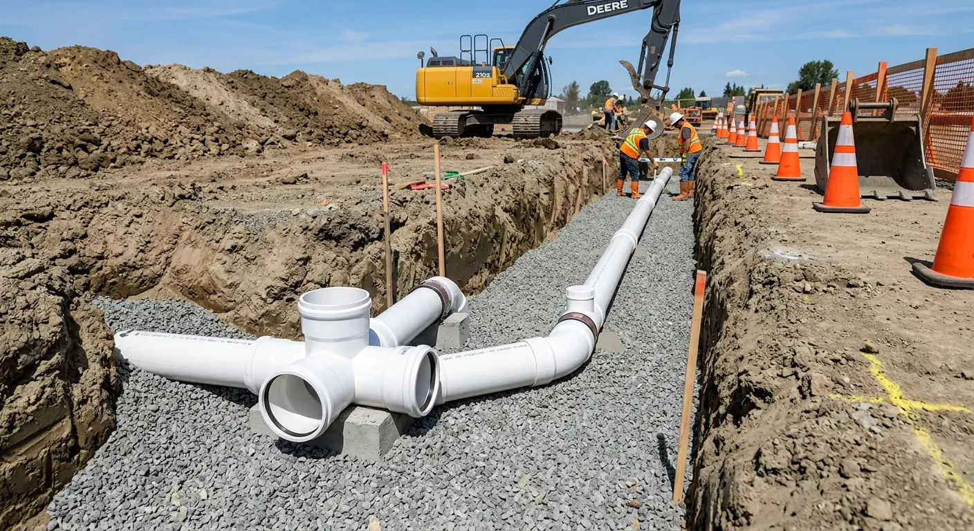 New PVC sewer pipe installation in open trench for Sewer Camera Inspection in Harvest
