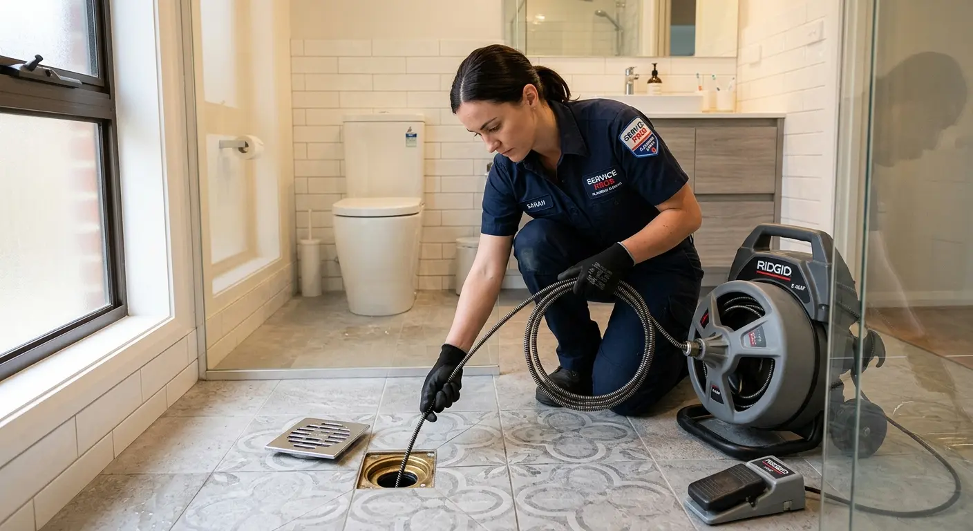 Technician clearing a bathroom floor drain for Drain Repair in Harvest
